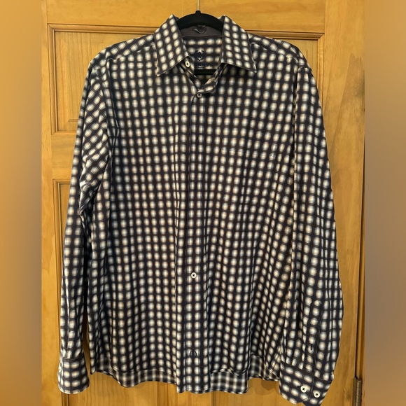 Bugatchi- classic fit, collared, button up. Navy blue, black, white checkered. - Picture 1 of 1